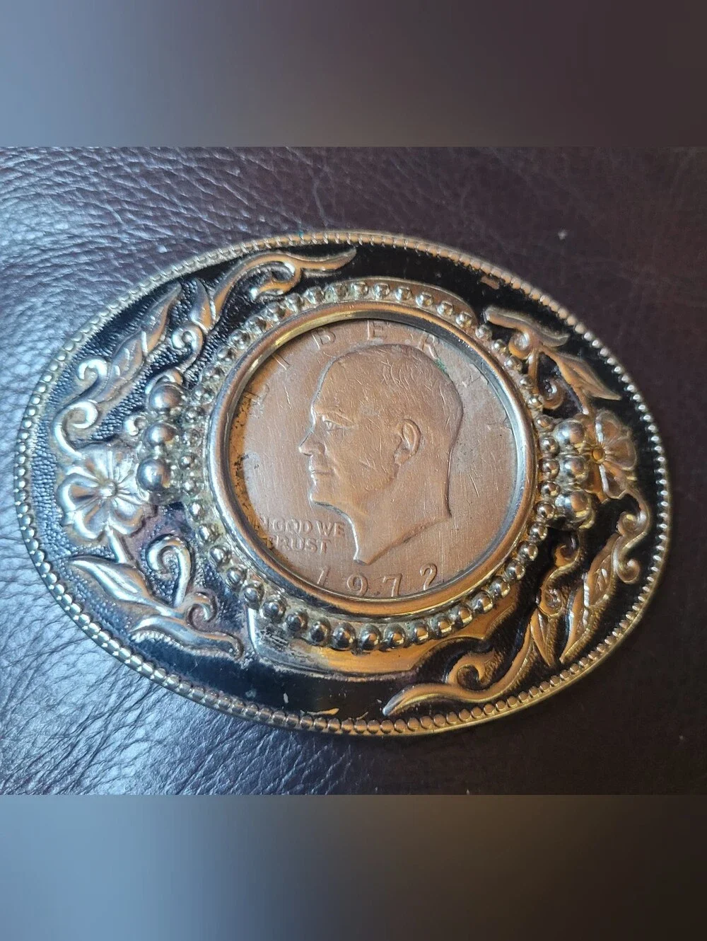 Vintage Eisenhower Silver Dollar Oval Belt Buckle